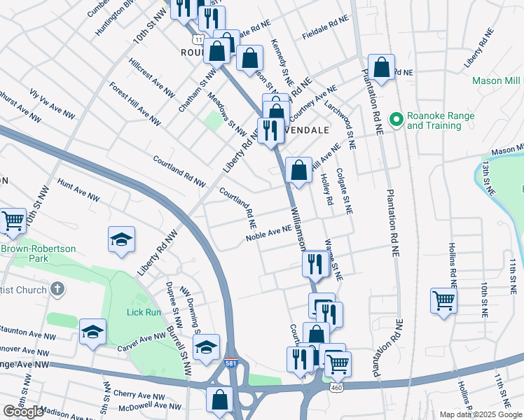 map of restaurants, bars, coffee shops, grocery stores, and more near 116 Clover Avenue Northeast in Roanoke