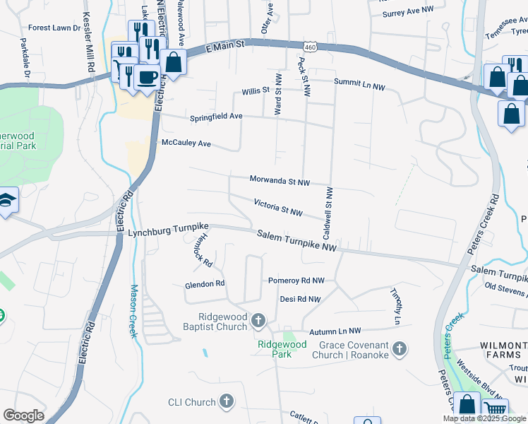 map of restaurants, bars, coffee shops, grocery stores, and more near 5204 Victoria Street Northwest in Roanoke