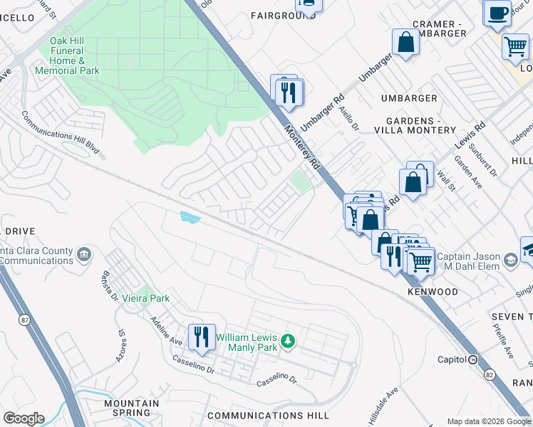 map of restaurants, bars, coffee shops, grocery stores, and more near 156 Esfahan Drive in San Jose