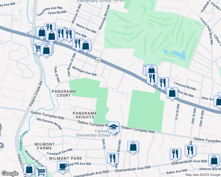 map of restaurants, bars, coffee shops, grocery stores, and more near 3530 Dona Drive Northwest in Roanoke