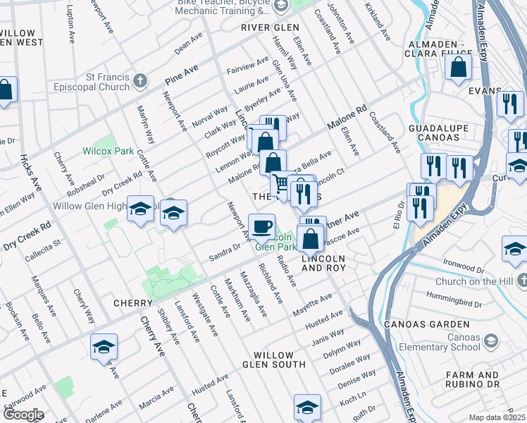 map of restaurants, bars, coffee shops, grocery stores, and more near in San Jose