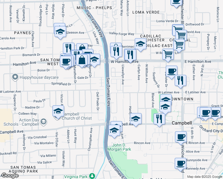 map of restaurants, bars, coffee shops, grocery stores, and more near 573 West Latimer Avenue in Campbell