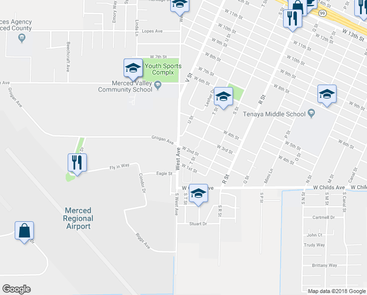 map of restaurants, bars, coffee shops, grocery stores, and more near 1337 West 2nd Street in Merced