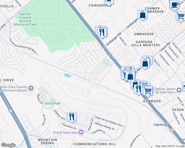 map of restaurants, bars, coffee shops, grocery stores, and more near 156 Esfahan Drive in San Jose