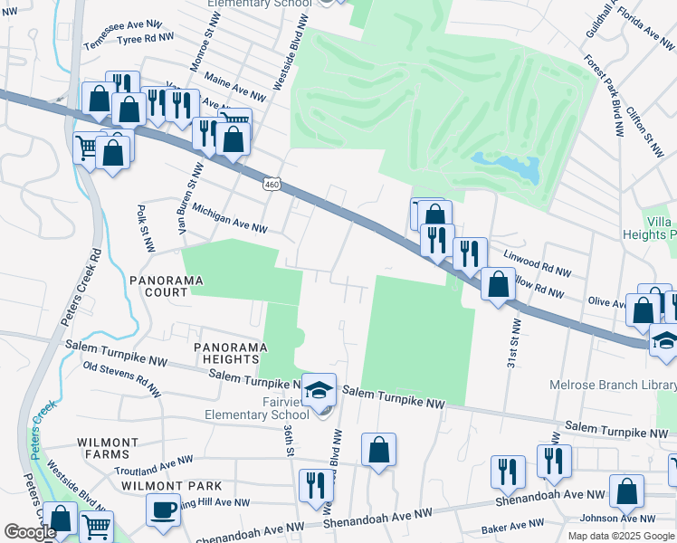 map of restaurants, bars, coffee shops, grocery stores, and more near 1005 35th Street Northwest in Roanoke