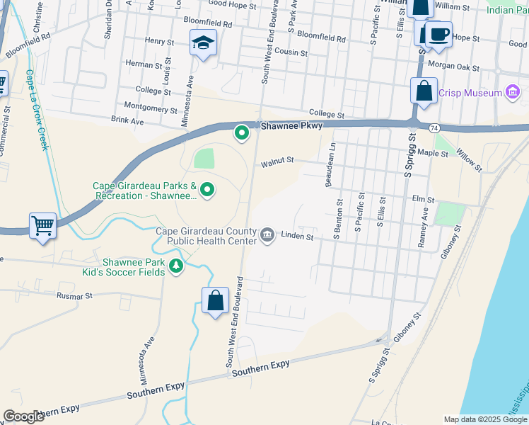 map of restaurants, bars, coffee shops, grocery stores, and more near 930-1124 South West End Boulevard in Cape Girardeau