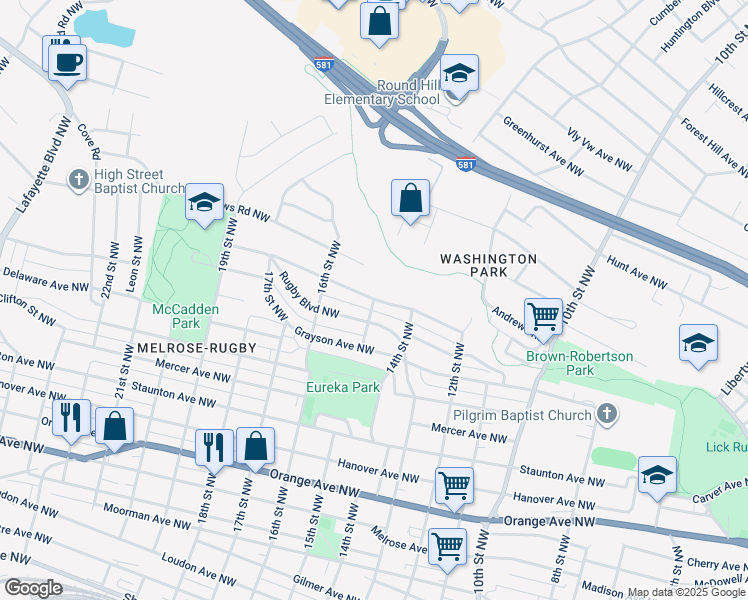 map of restaurants, bars, coffee shops, grocery stores, and more near 3311 15th Street Northwest in Roanoke