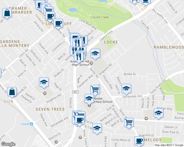 map of restaurants, bars, coffee shops, grocery stores, and more near 591 Carpentier Way in San Jose