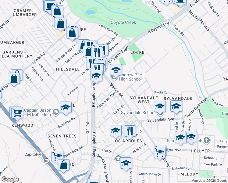 map of restaurants, bars, coffee shops, grocery stores, and more near 591 Carpentier Way in San Jose