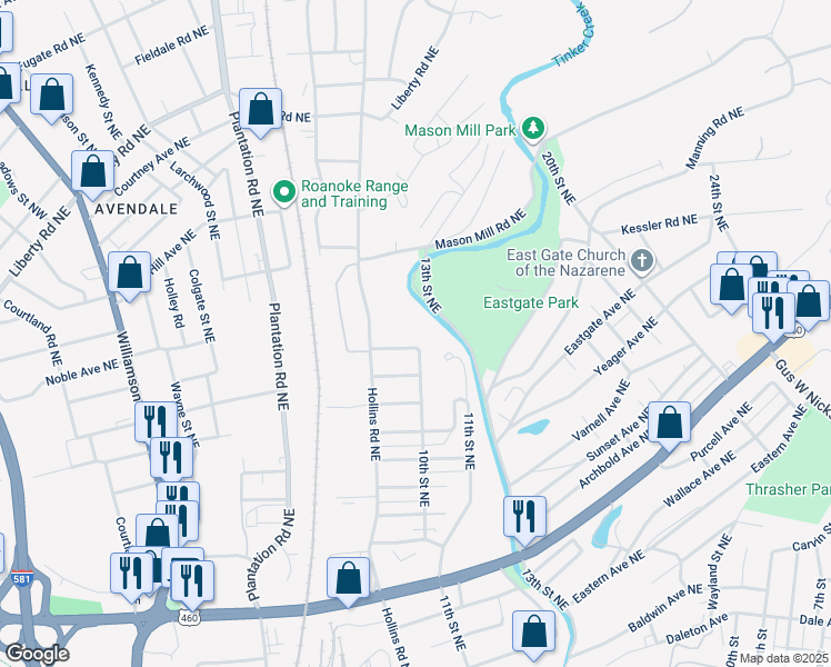 map of restaurants, bars, coffee shops, grocery stores, and more near 938 Kyle Avenue Northeast in Roanoke