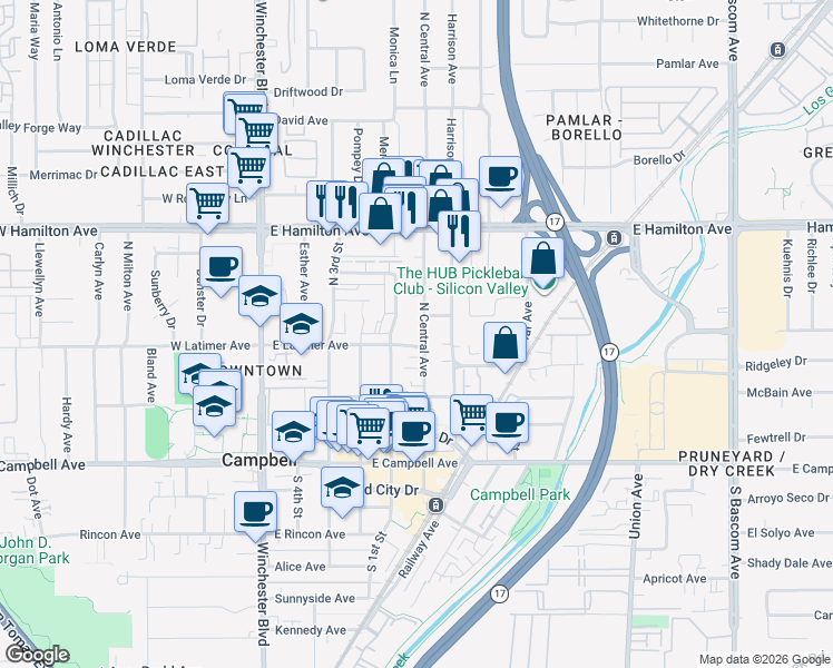 map of restaurants, bars, coffee shops, grocery stores, and more near North Central Avenue in Campbell