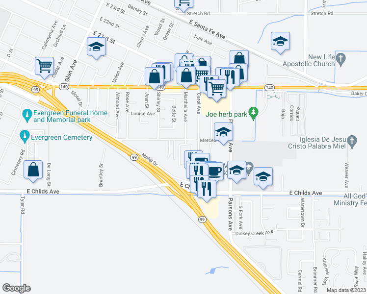 map of restaurants, bars, coffee shops, grocery stores, and more near 1754 Merced Avenue in Merced