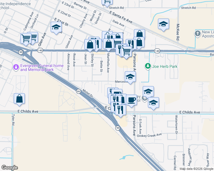 map of restaurants, bars, coffee shops, grocery stores, and more near in Merced