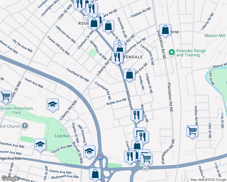map of restaurants, bars, coffee shops, grocery stores, and more near 116 Clover Avenue Northeast in Roanoke