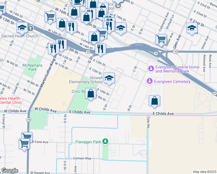 map of restaurants, bars, coffee shops, grocery stores, and more near 251 East 11th Street in Merced