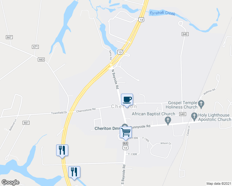 map of restaurants, bars, coffee shops, grocery stores, and more near 21139 North Bayside Road in Cape Charles