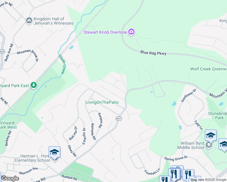 map of restaurants, bars, coffee shops, grocery stores, and more near 547 Stacie Drive in Vinton