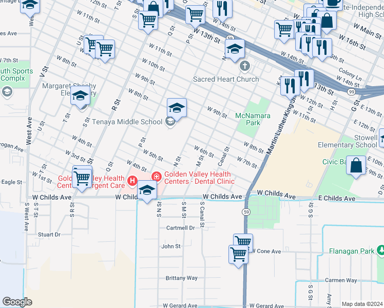 map of restaurants, bars, coffee shops, grocery stores, and more near 606 N Street in Merced