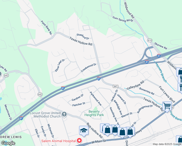 map of restaurants, bars, coffee shops, grocery stores, and more near 2634 Puckett Circle in Salem