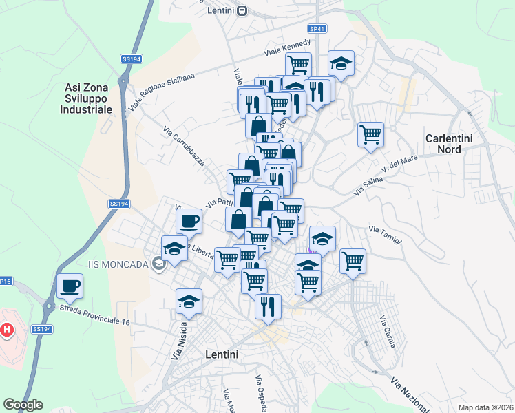 map of restaurants, bars, coffee shops, grocery stores, and more near 11A Via Gaeta in Lentini
