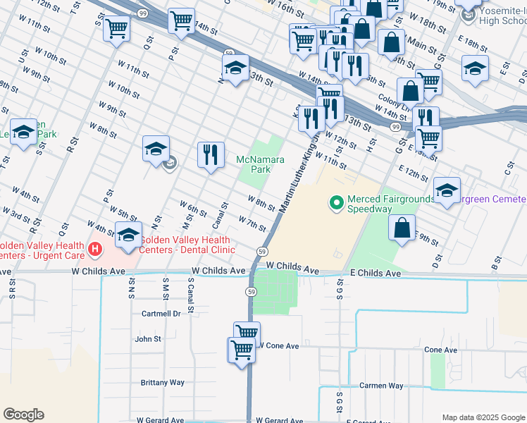 map of restaurants, bars, coffee shops, grocery stores, and more near 332 West 8th Street in Merced