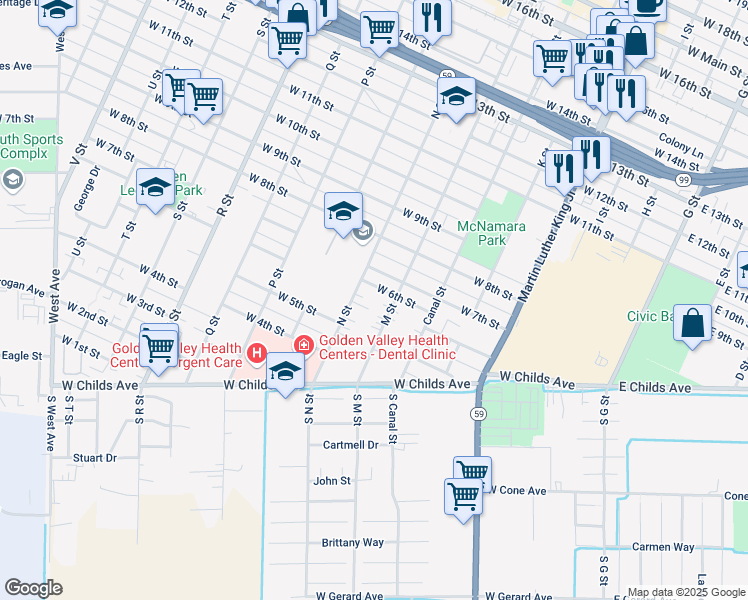 map of restaurants, bars, coffee shops, grocery stores, and more near 644 West 6th Street in Merced