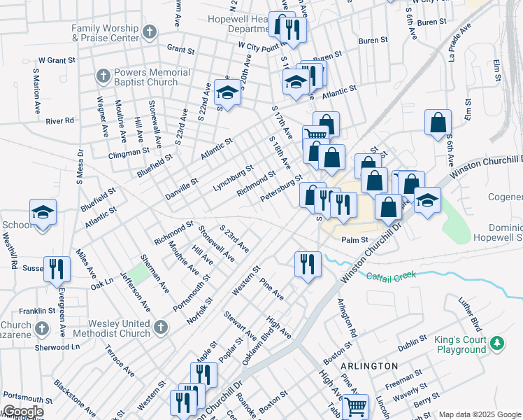 map of restaurants, bars, coffee shops, grocery stores, and more near 1914 Petersburg Street in Hopewell