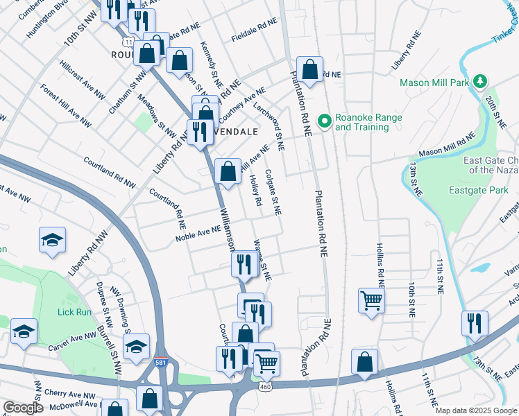 map of restaurants, bars, coffee shops, grocery stores, and more near 2022 Colgate Street Northeast in Roanoke
