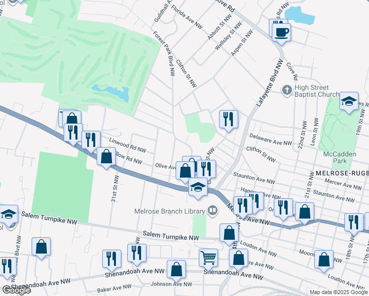 map of restaurants, bars, coffee shops, grocery stores, and more near 1047-1099 Palm Avenue Northwest in Roanoke