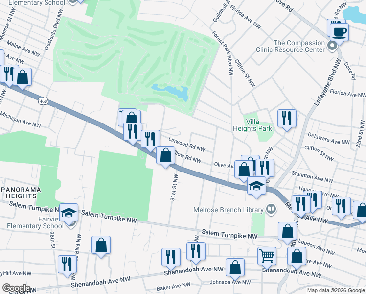 map of restaurants, bars, coffee shops, grocery stores, and more near 3101-3199 Linwood Road Northwest in Roanoke