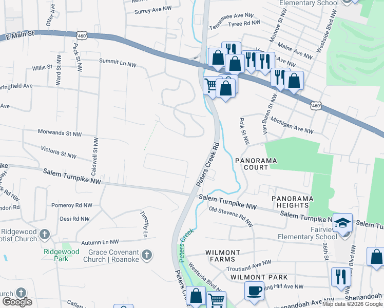 map of restaurants, bars, coffee shops, grocery stores, and more near 4472 Stonewall Road Northwest in Roanoke