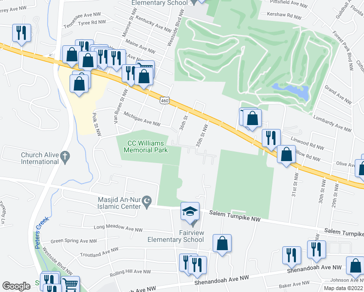 map of restaurants, bars, coffee shops, grocery stores, and more near 3517 Dona Drive Northwest in Roanoke