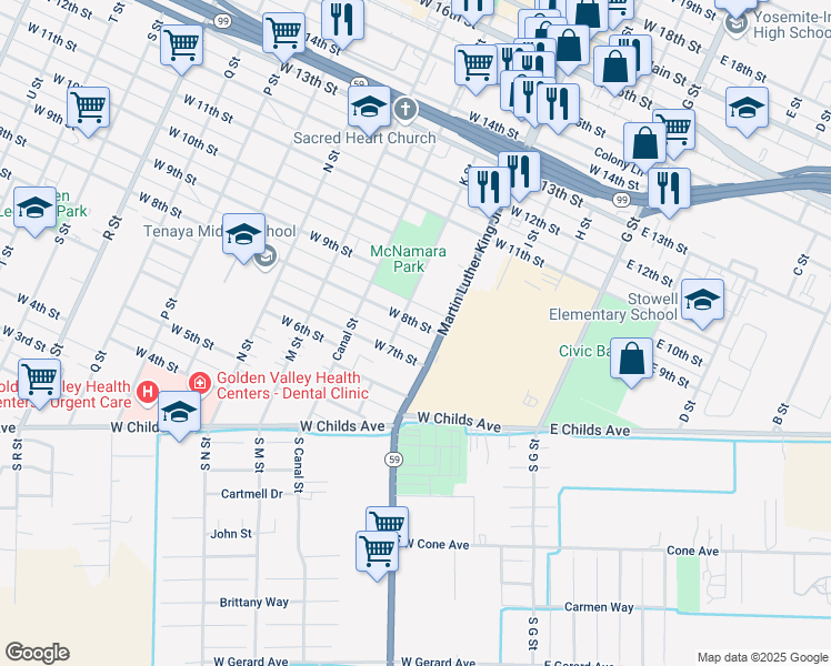 map of restaurants, bars, coffee shops, grocery stores, and more near 332 West 8th Street in Merced