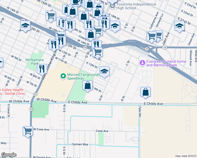 map of restaurants, bars, coffee shops, grocery stores, and more near 230 East 11th Street in Merced