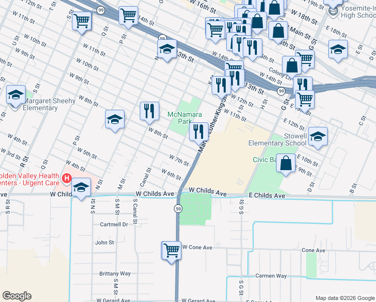 map of restaurants, bars, coffee shops, grocery stores, and more near 323 West 8th Street in Merced