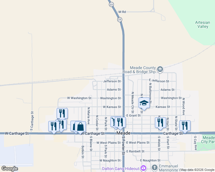 map of restaurants, bars, coffee shops, grocery stores, and more near 610 North Park Street in Meade