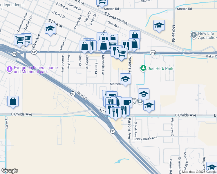 map of restaurants, bars, coffee shops, grocery stores, and more near 1255 Carol Avenue in Merced
