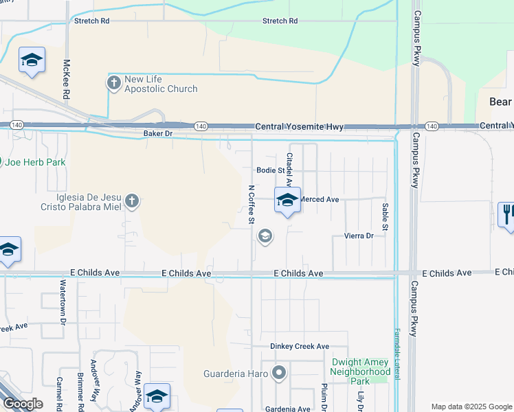 map of restaurants, bars, coffee shops, grocery stores, and more near 107 Pyramid Court in Merced