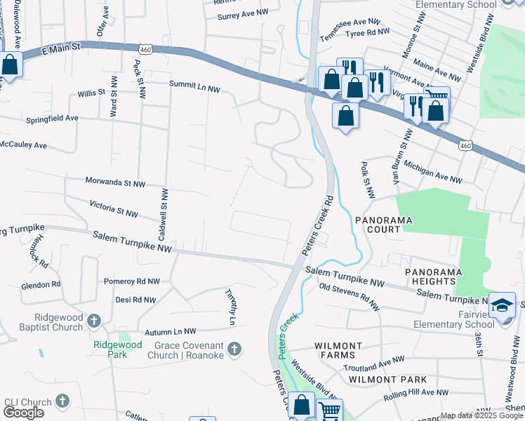 map of restaurants, bars, coffee shops, grocery stores, and more near 4301 Camille Avenue Northwest in Roanoke