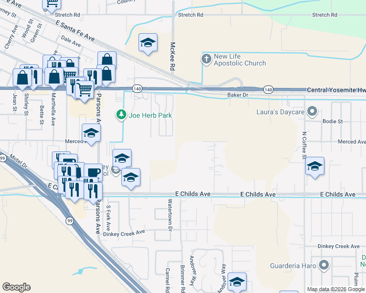 map of restaurants, bars, coffee shops, grocery stores, and more near 2299 East Childs Avenue in Merced