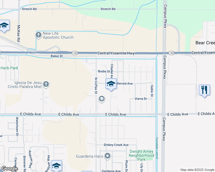 map of restaurants, bars, coffee shops, grocery stores, and more near 178 Pyramid Court in Merced