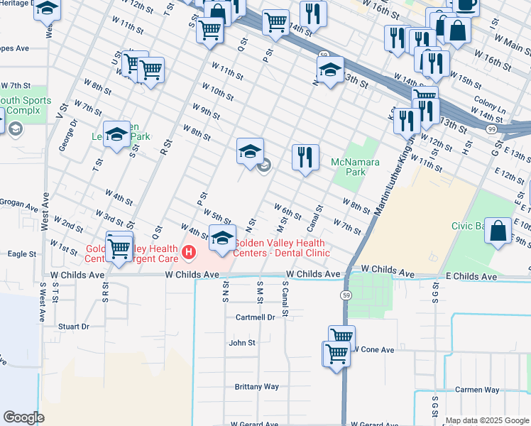 map of restaurants, bars, coffee shops, grocery stores, and more near 606 N Street in Merced