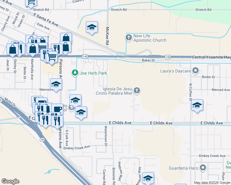 map of restaurants, bars, coffee shops, grocery stores, and more near 2299 East Childs Avenue in Merced
