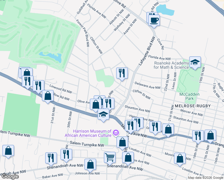 map of restaurants, bars, coffee shops, grocery stores, and more near 1030 Crescent Street Northwest in Roanoke