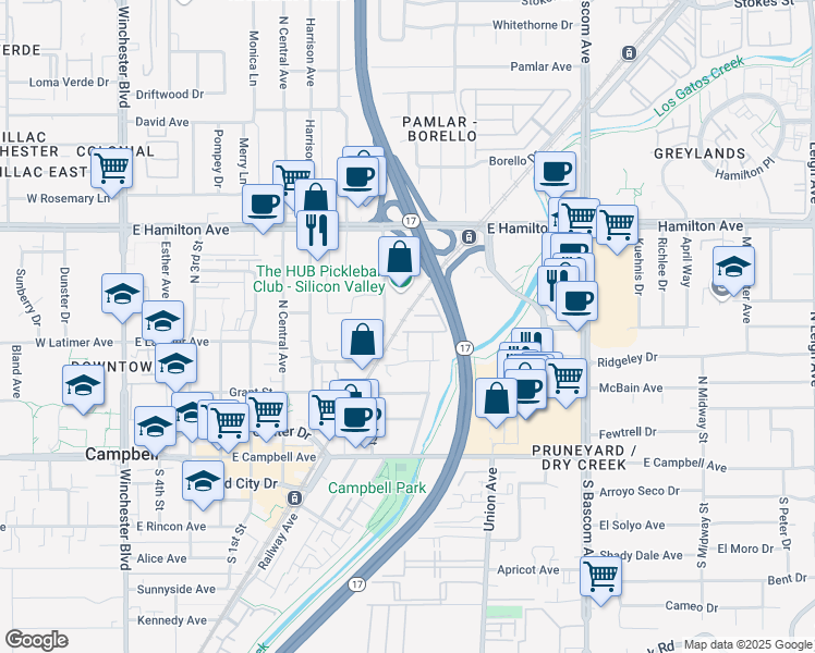 map of restaurants, bars, coffee shops, grocery stores, and more near 619 Cypress Lane in Campbell