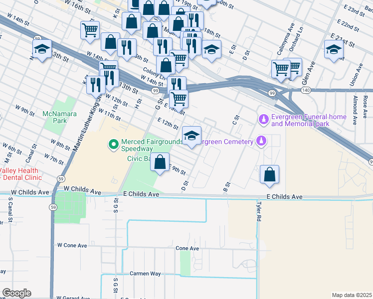 map of restaurants, bars, coffee shops, grocery stores, and more near 251 East 11th Street in Merced