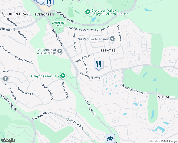 map of restaurants, bars, coffee shops, grocery stores, and more near 5293 Ashley Way in San Jose