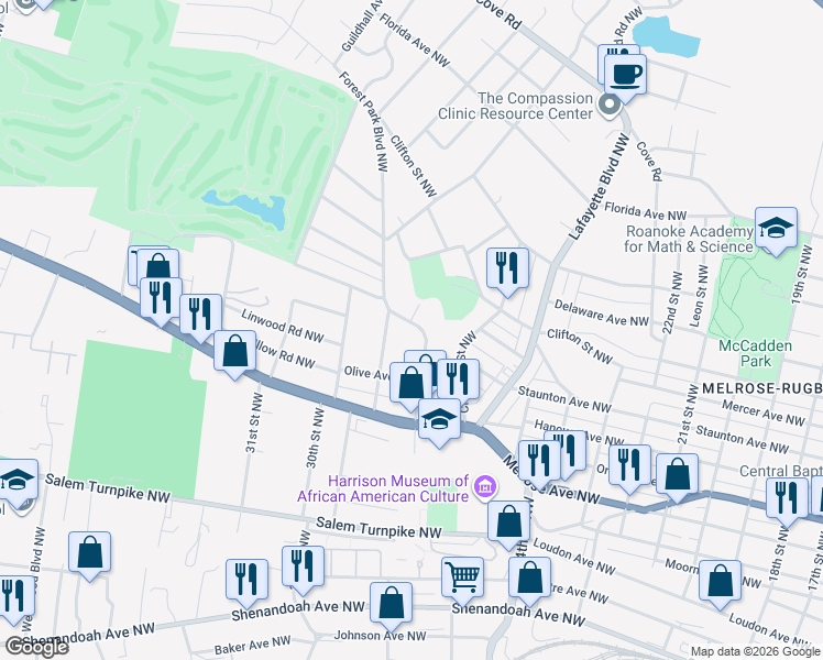 map of restaurants, bars, coffee shops, grocery stores, and more near 1052 Forest Park Boulevard Northwest in Roanoke