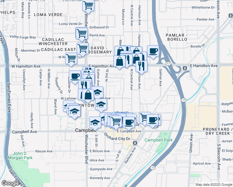 map of restaurants, bars, coffee shops, grocery stores, and more near 302 North 2nd Street in Campbell