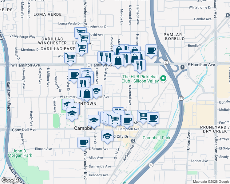 map of restaurants, bars, coffee shops, grocery stores, and more near 302 North 2nd Street in Campbell